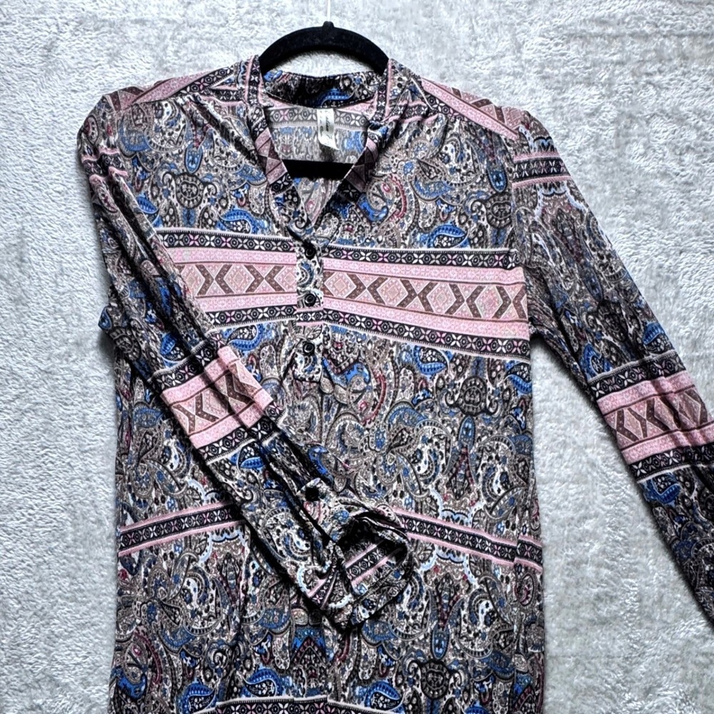 PerSeption Paisley Boho Sheer Tunic Top‎ Button Up Layer Roll Sleeve Retro Small